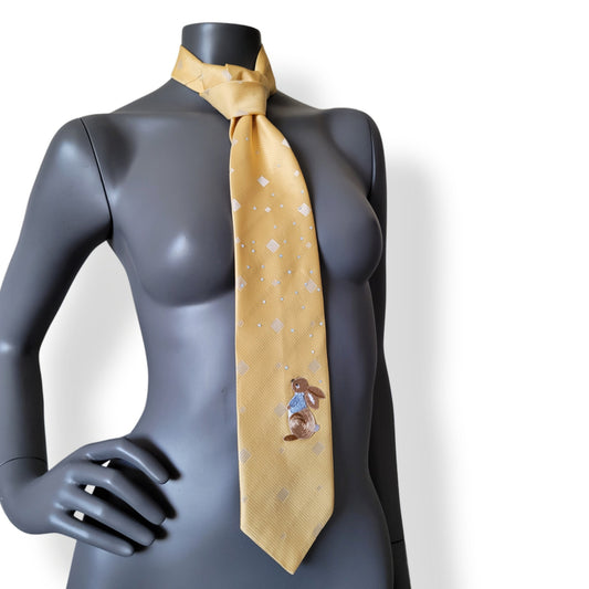 Pastel Bunnies collection, Easter 2025 edition: Pastel Bunny 2 tie, vintage yellow necktie with shimmering glass crystals and a bunny applique