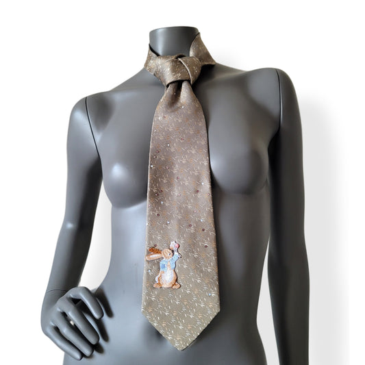 Pastel Bunnies collection, Easter 2025 edition: Pastel Bunny 3 tie, vintage light grayish brown or dark beige pure silk necktie with floral print, shimmering glass crystals and a bunny applique