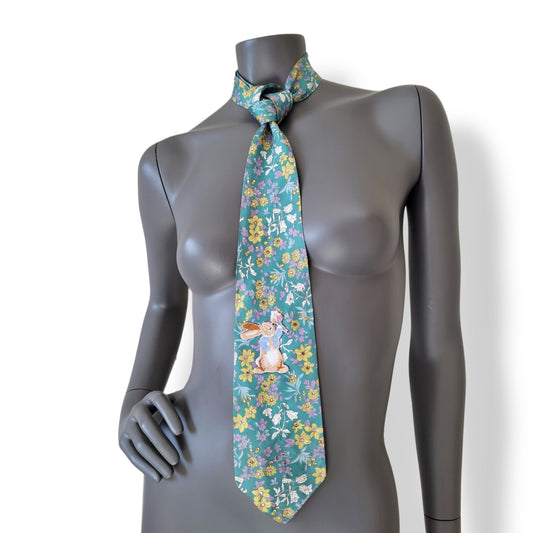 Pastel Bunnies collection, Easter 2025 edition: Pastel Bunny tie, vintage green necktie with flower pattern and shimmering glass crystals and a bunny applique