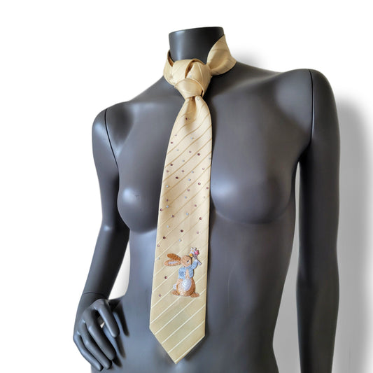 Pastel Bunnies collection, Easter 2025 edition: Pastel Bunny 4 tie, vintage yellow necktie with shimmering glass crystals and a bunny applique