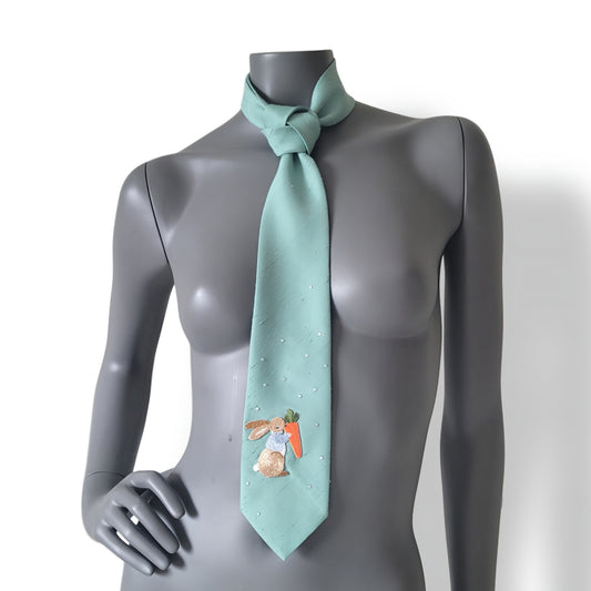 Pastel Bunnies collection, Easter 2025 edition: Pastel Bunny 5 tie, vintage mint green necktie with shimmering glass crystals and a bunny applique