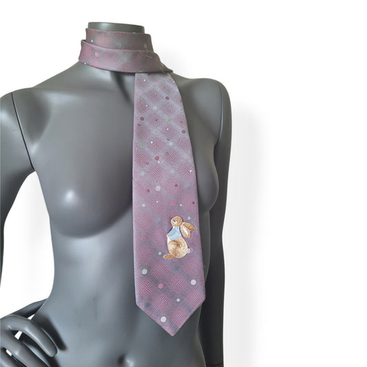 Pastel Bunnies collection, Easter 2025 edition: Pastel Bunny 6 tie, vintage necktie shifting in gray and pink with shimmering glass crystals and a bunny applique