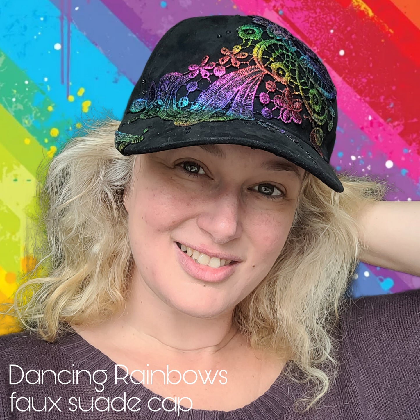 Viveka Gren Revamp, PRIDE edition: Dancing Rainbows faux suade cap (Large/size 58)