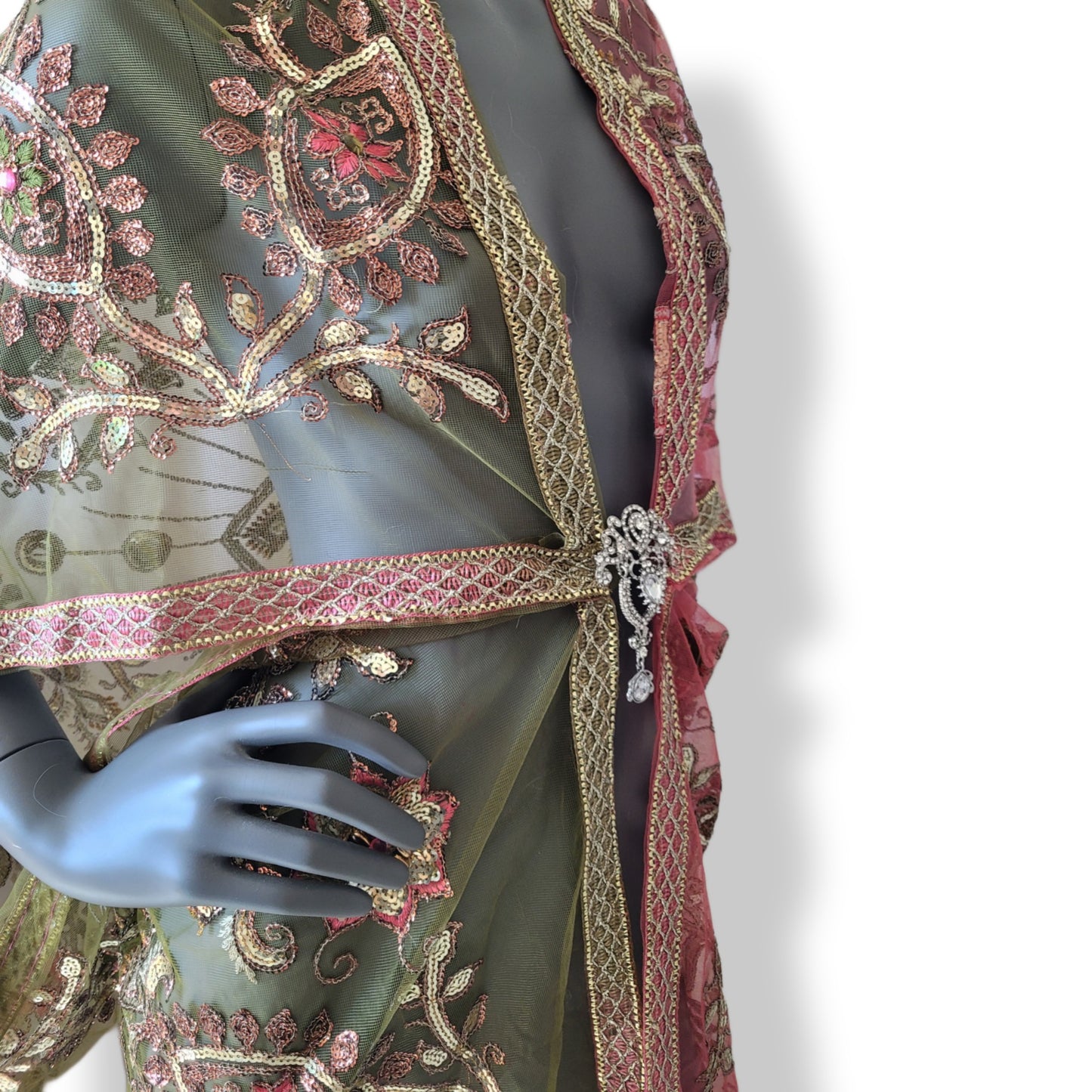 Draped short kimono in slightly stiffer net fabric, warm pink & light moss green with beautiful hand embrodery (L)