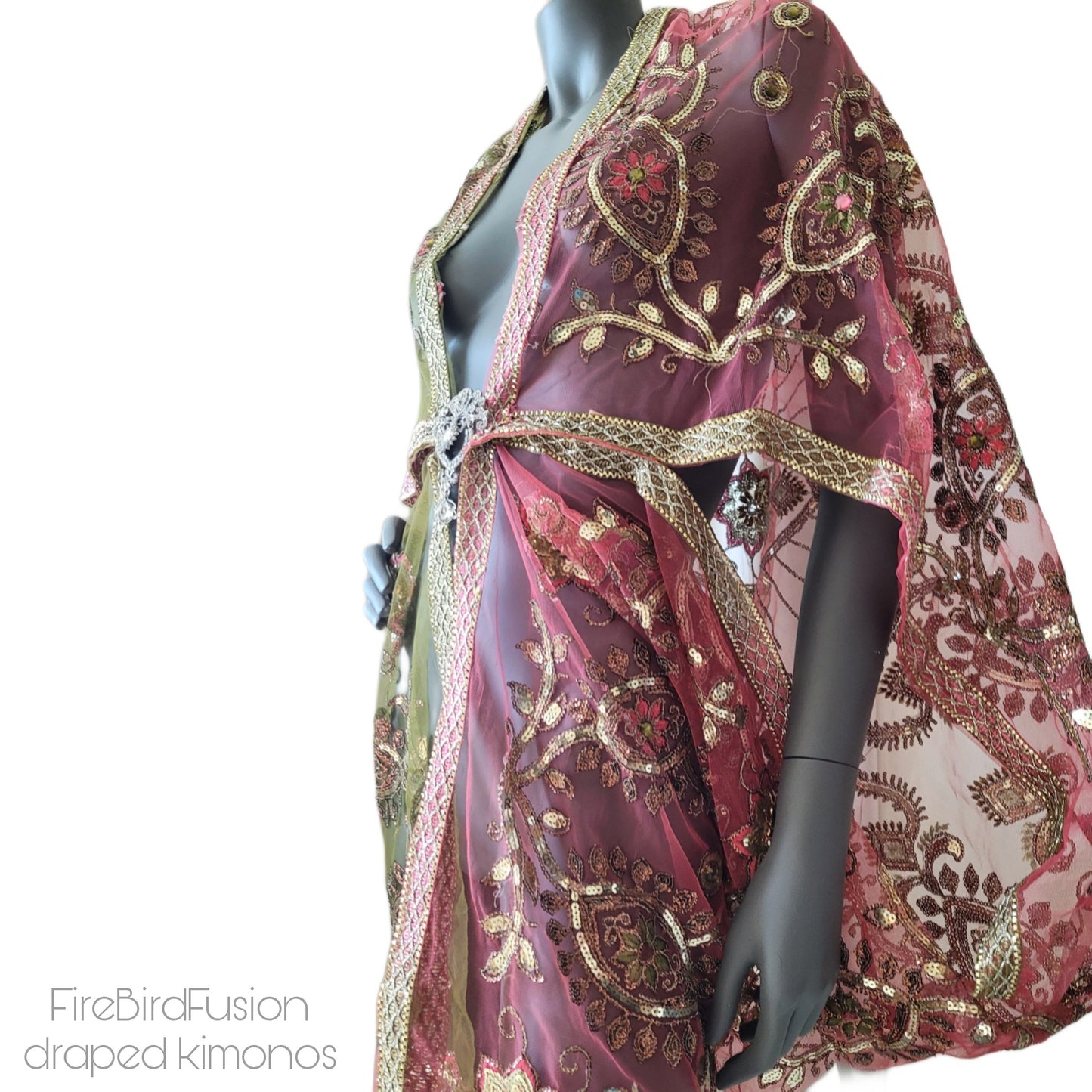 Draped short kimono in slightly stiffer net fabric, warm pink & light moss green with beautiful hand embrodery (L)