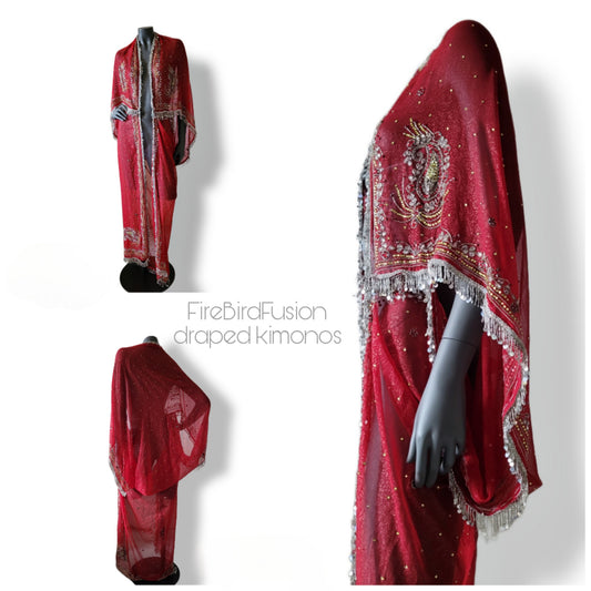 Draped kimono, dark red with elaborated embellishment and irredecent sequin and glass beaded fringe trim (L-XL)