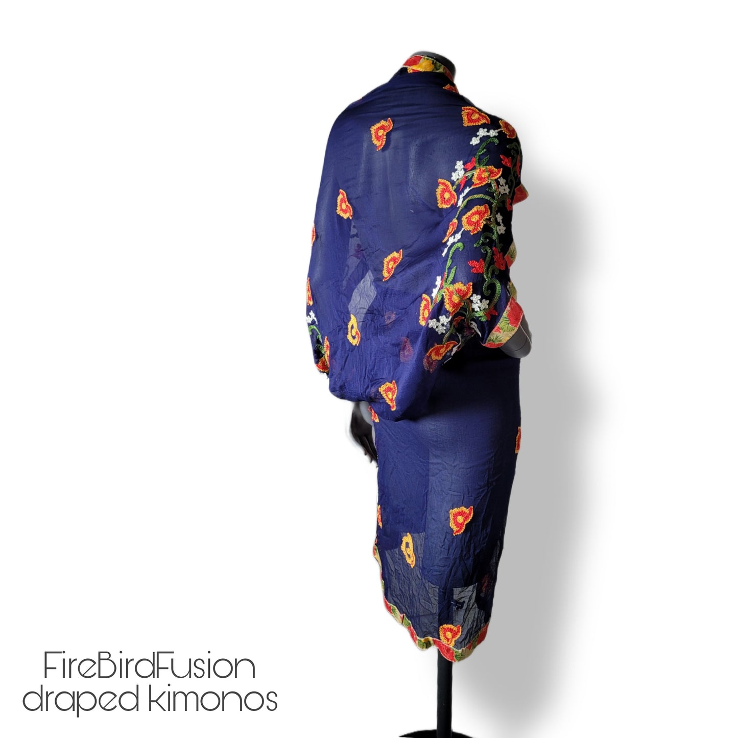 Draped short kimono in dark blue with colourful floral embroidery in red, yellow and green (S)