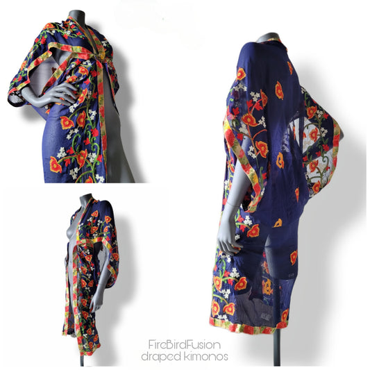 Draped short kimono in dark blue with colourful floral embroidery in red, yellow and green (S)