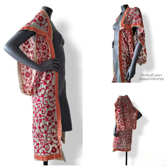 Draped short kimono in ivory white with red floral embroidery (XS)