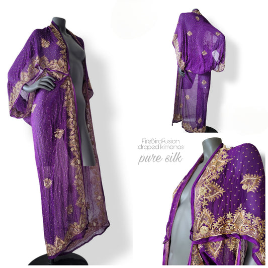 Luxurious draped kimono in pure silk, purple with stunning zardozi embroidery in gold and pearls (L)