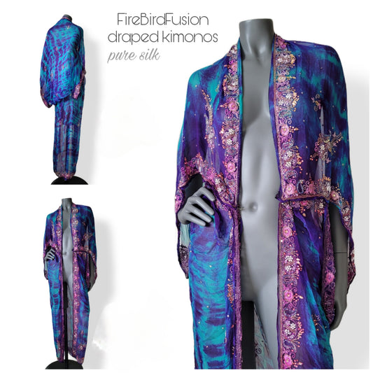 Luxurious draped kimono in pure silk, hand dyed batik in blue, purple and turqouise with stunning zardozi embroidery in lavender (L-XL)