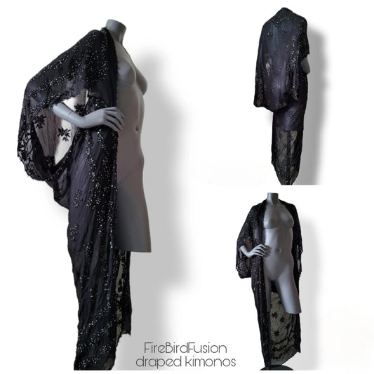 Draped kimono black with subtle irredecent embroidered pattern (M)