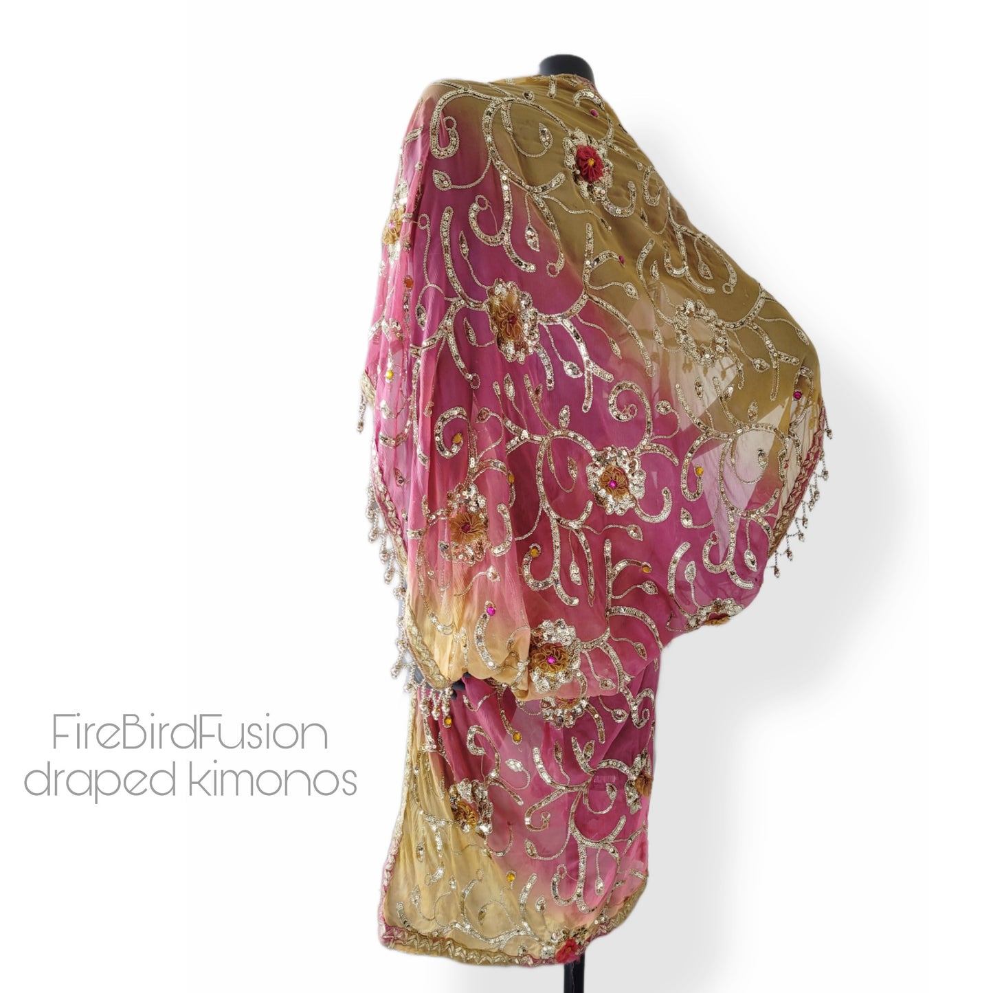 Draped kimono in yellow and pink with appliques, sequin embroidery and beaded trim (S)