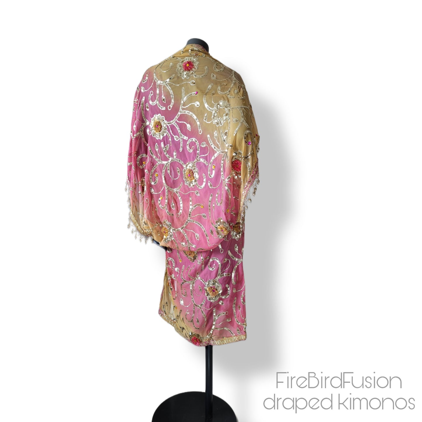 Draped kimono in yellow and pink with appliques, sequin embroidery and beaded trim (S)
