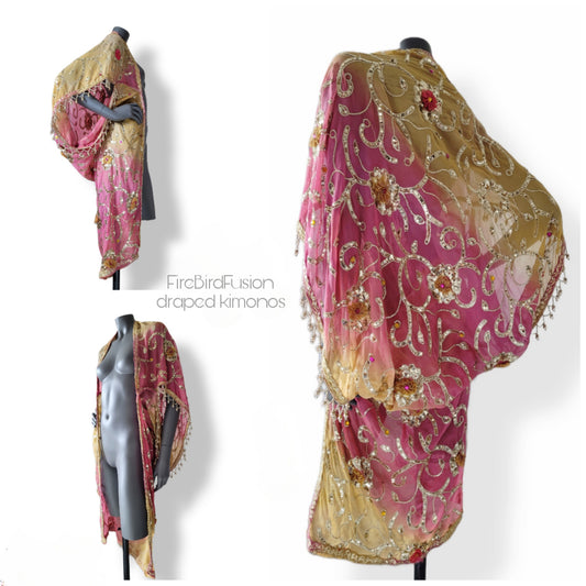 Draped kimono in yellow and pink with appliques, sequin embroidery and beaded trim (S)