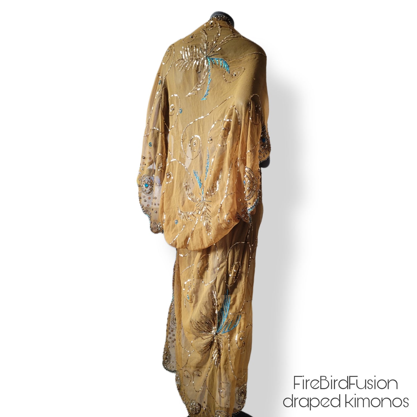 Draped semi sheer kimono in mustard yellow with golden and blue sequin embroidery (L)