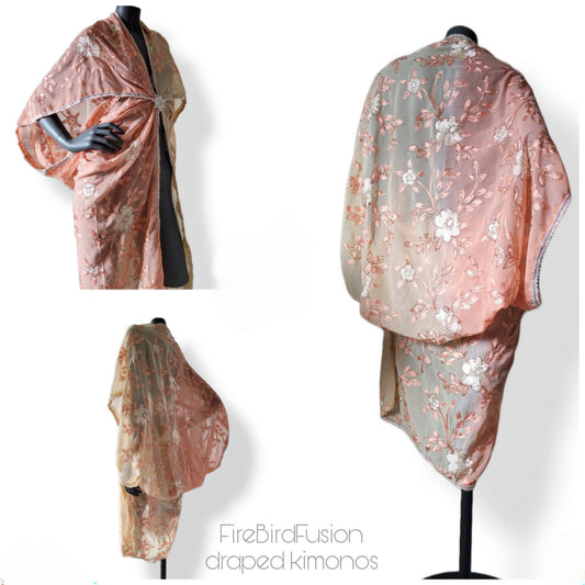 Draped kimono in cream and sakura pink with floral embroidery (M)