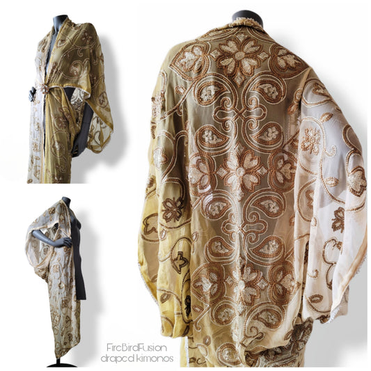 Draped kimono in ivory and beige with bronze and antique gold art deco inspired embroidery (M-L)