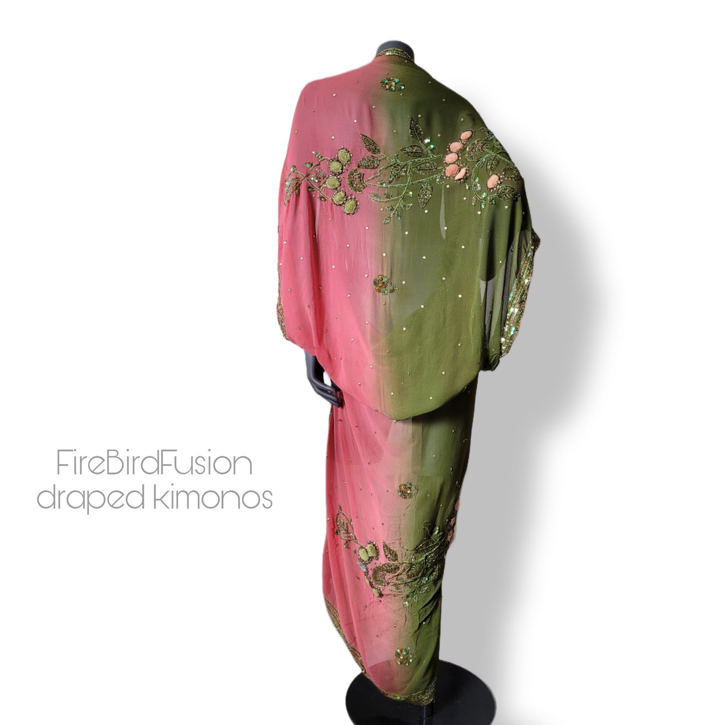 Draped kimono in warm pink and moss green with velvet appliques and beautiful embroidery (S-M)