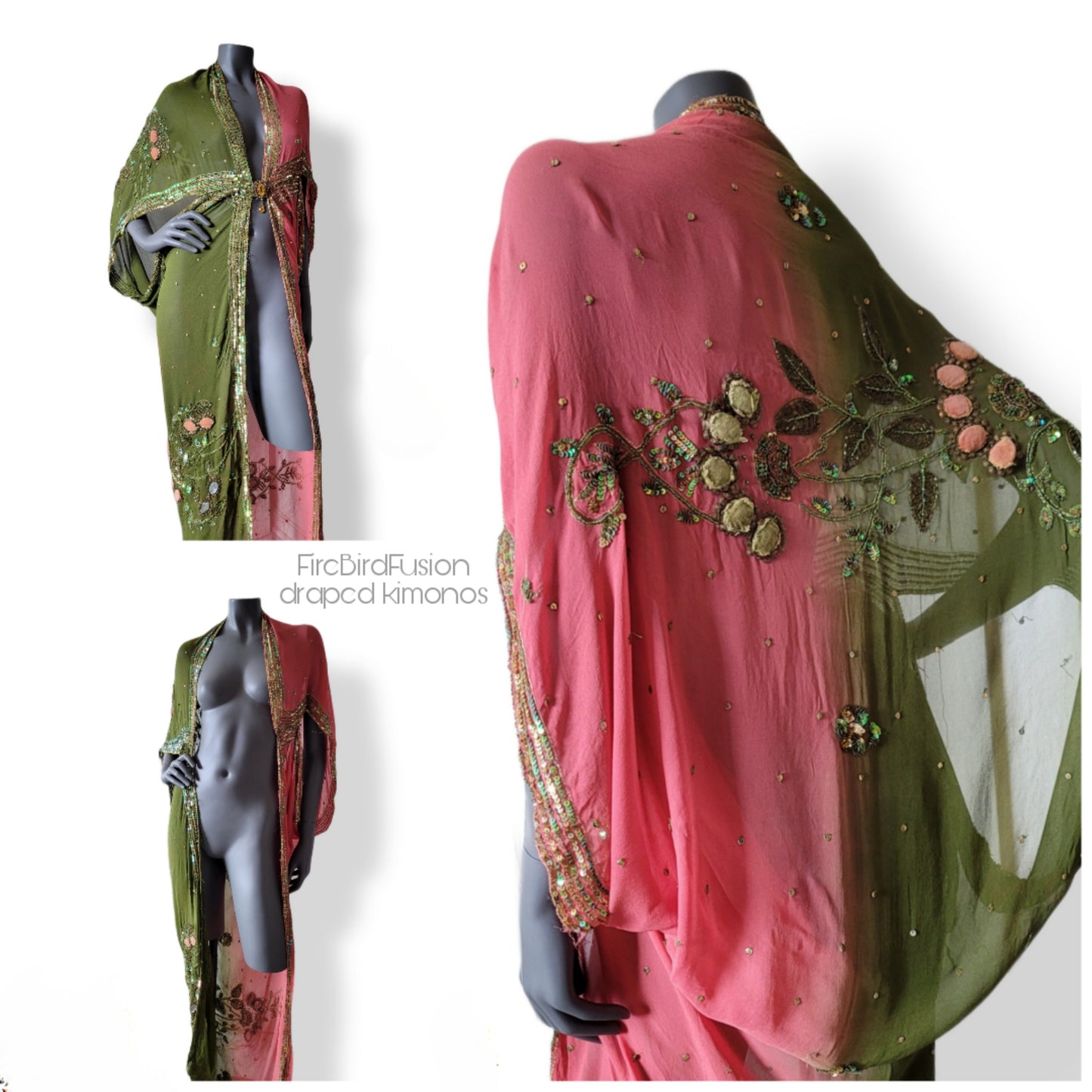 Draped kimono in warm pink and moss green with velvet appliques and beautiful embroidery (S-M)