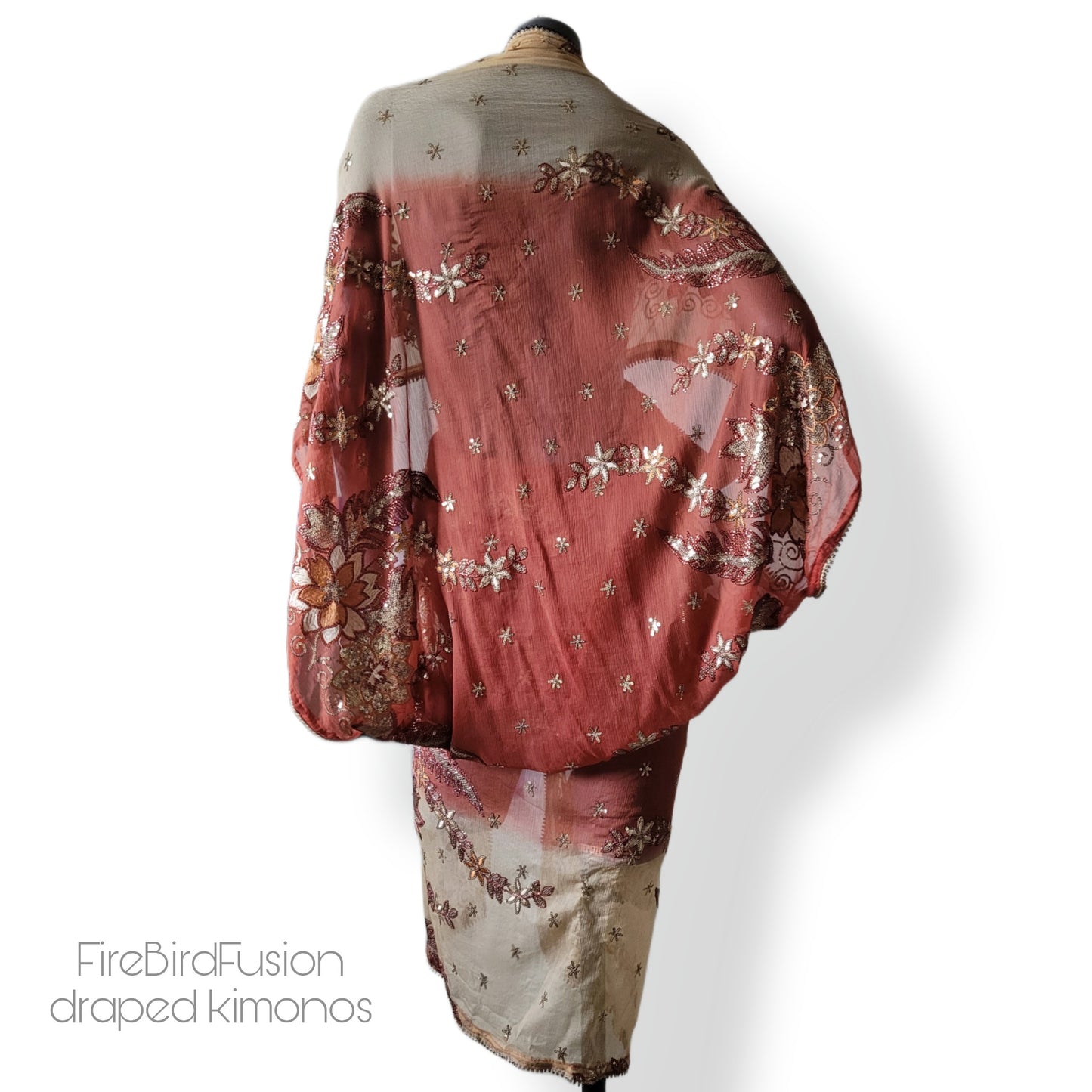 Draped kimono, dark caffe latte and light rust with elaborated embrodery in antique gold sequins and shades of brown (M)