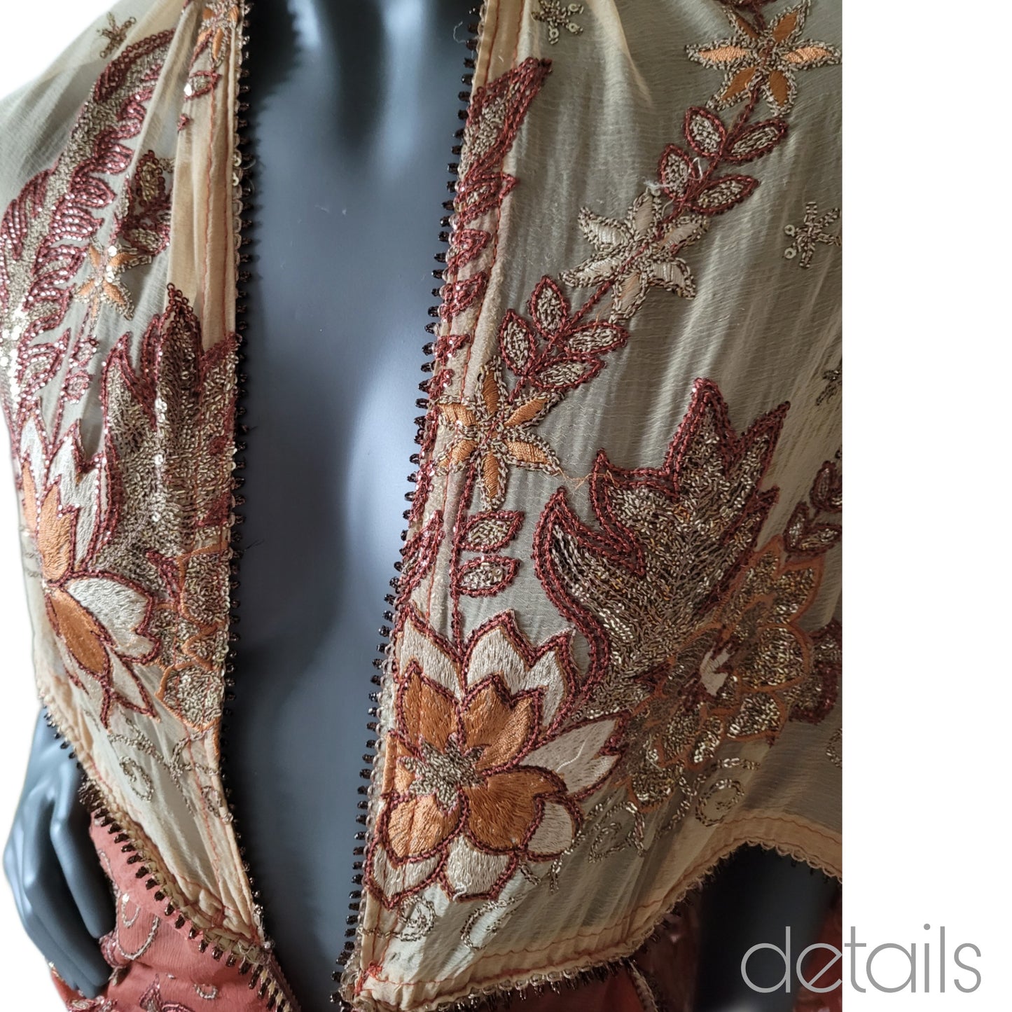Draped kimono, dark caffe latte and light rust with elaborated embrodery in antique gold sequins and shades of brown (M)