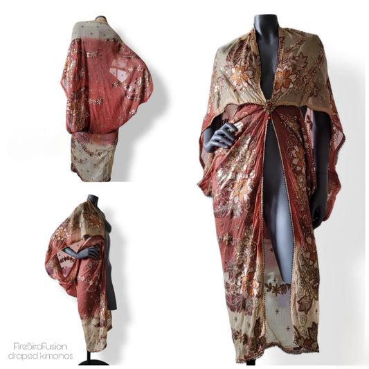 Draped kimono, dark caffe latte and light rust with elaborated embrodery in antique gold sequins and shades of brown (M)