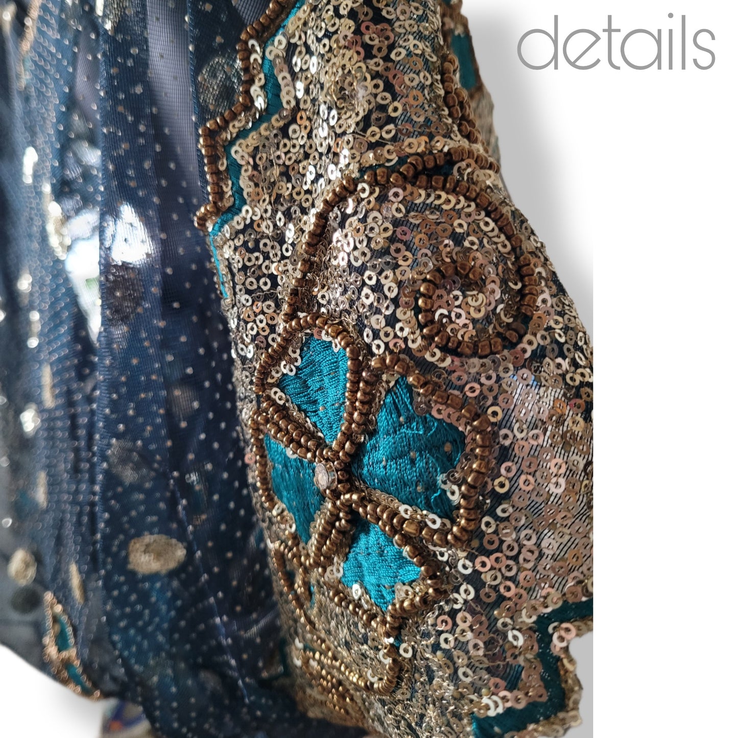 Draped kimono in stiffer net fabric, teal with beautiful heavy hand embrodery in gold and teal (M-L)