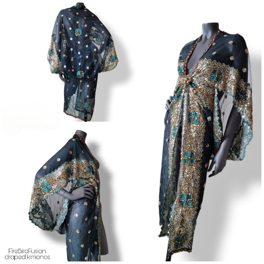 Draped kimono in stiffer net fabric, teal with beautiful heavy hand embrodery in gold and teal (M-L)