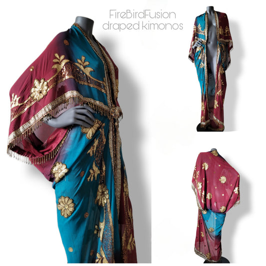 Draped kimono in peacock blue and wine red with elaborated embrodery and beaded trim (L)