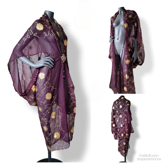 Draped kimono in plum with elaborated embrodery in gold sequins (L-XL)