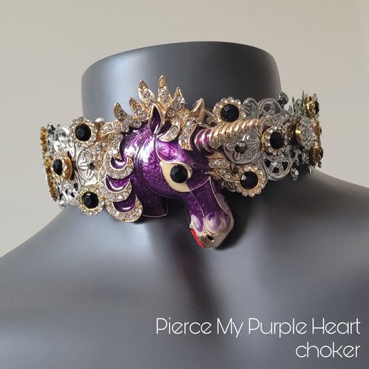 WhatEver collection: The Pierce My Purple Heart metal choker with a purple unicorn head, sparkling glass crystals and rhinestones