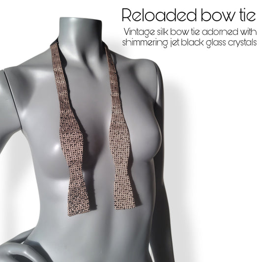 Depth of the Rabbit Hole collection: Reloaded bow tie, silk bow tie with shimmering jet black glass crystals in Matrix inspired pattern