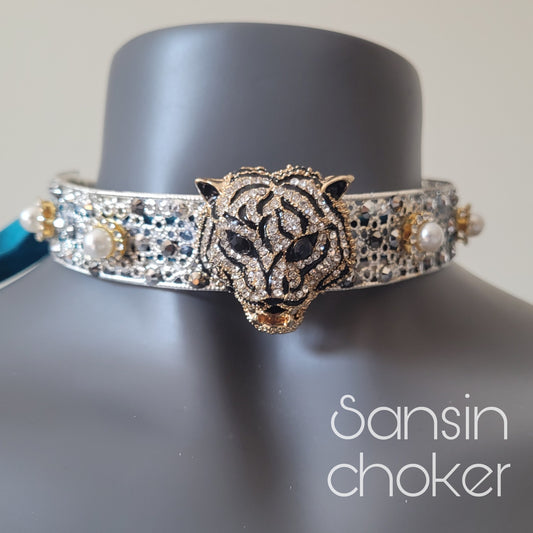 WhatEver collection: The Sansin metal choker with a crystal encrusted guardian spirit tiger, faux pearls and glass crystals