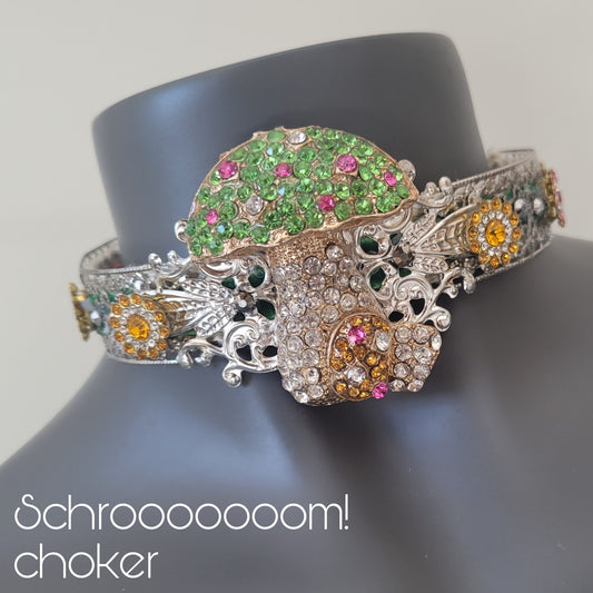 WhatEver collection: The Schrooooooom! metal choker with green and pink mushrooms, and hight quality glass crystals in pink, green, yellow and clear crystal
