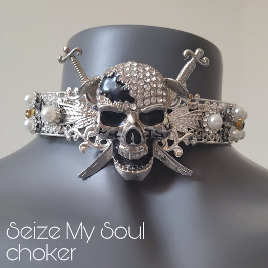 WhatEver collection: The Seize My Soul metal choker with a crystal encrusted jolly roger pirate skull and crossed swords, high quality glass crystals and faux pearls