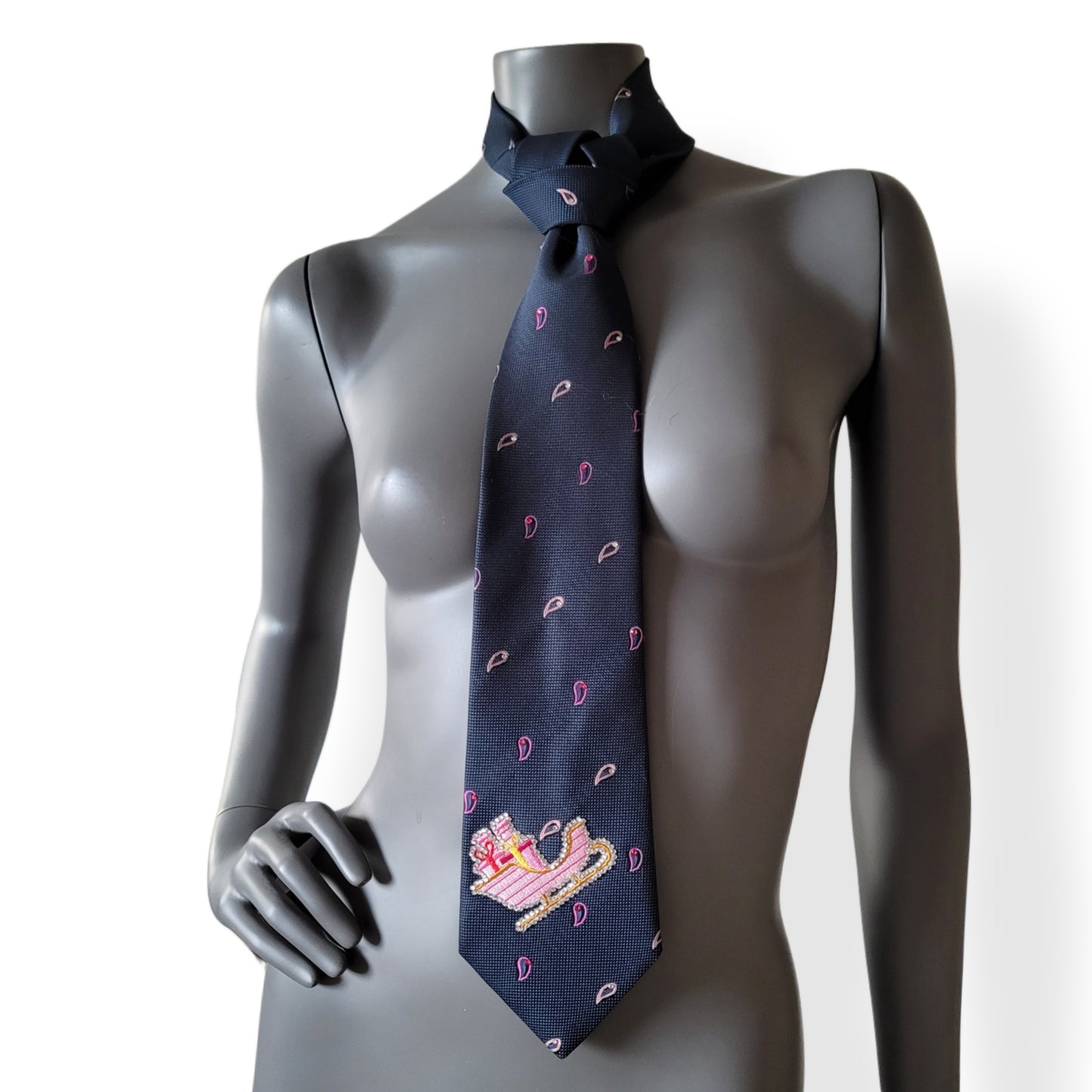 Another Dance collection, Christmas 2025 edition: Sleigh Ride tie, vintage navy polyester necktie with drop pattern in pink shades turned into Christmas spirit with Santa's pink sleigh and shimmering glass crystals