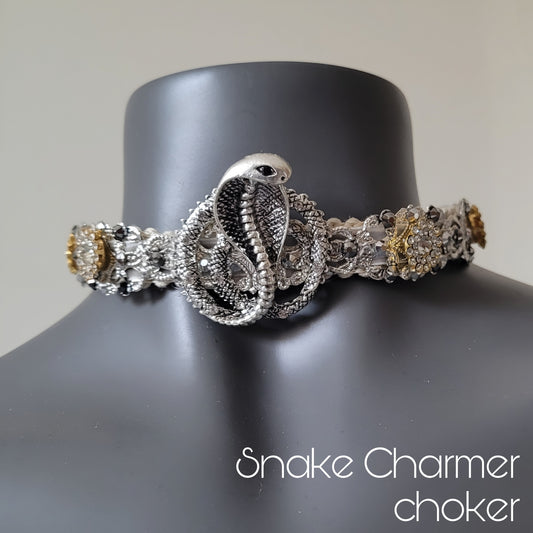 WhatEver collection: The Snake Charmer metal choker with a silver cobra, adorned with rhinestones and high quality glass crystals