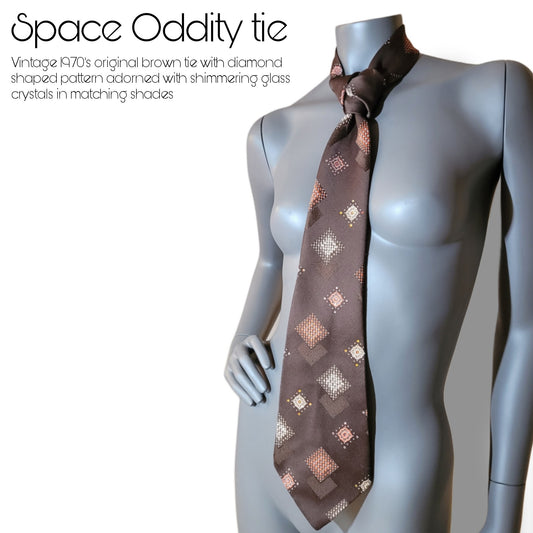 Another Dance collection: Space Oddity tie, original 70's retro brown polyester necktie with diamond shaped pattern in brown and orange, adorned with shimmering glass crystals in matching shades