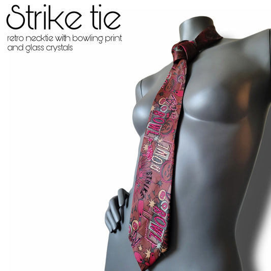 Sportmania collection: Strike tie, retro bowling print necktie with glass crystals