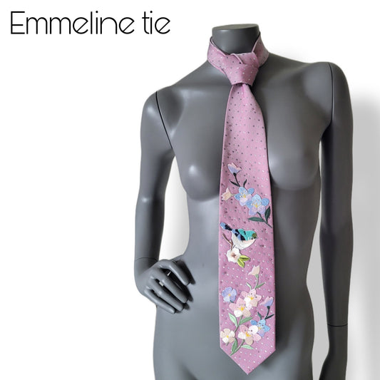 Suffragettes collection: Emmeline tie, vintage pink necktie with diagonal dot pattern in two shades of gray, adorned with embroidered flower and bird appliques and shimmering glass crystals in pink, aurora borealis and lavender