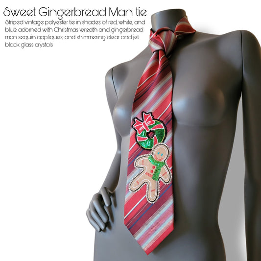 Another Dance collection: Sweet Gingerbread Man tie, vintage diagonally striped polyester necktie in shades of red with Christmas wreath and gingerbread man sequin appliques, adorned with shimmering glass crystals in black and clear crystal