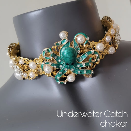 WhatEver collection: Underwater Catch metal choker with a green octapus throwing around faux pearls surrounded by pearls and shimmering glass crystals
