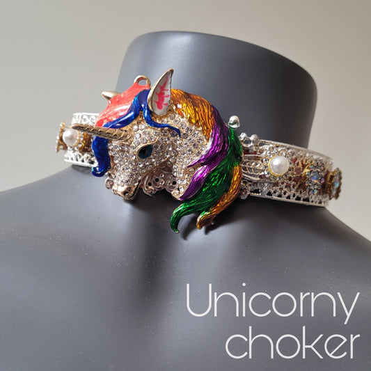 WhatEver collection: The Unicorny metal choker with rainbow unicorn head, faux pearls and high quality glass crystals
