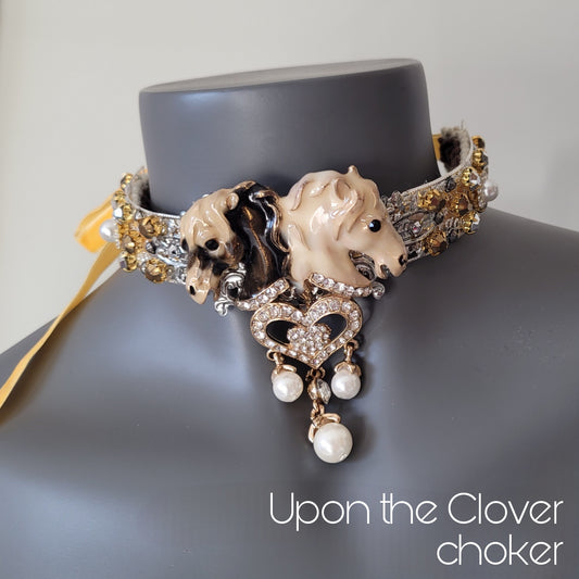 WhatEver collection: The Upon the Clover metal choker with two horse heads (brown and cream), dangling pearls, and high quality glass crystals