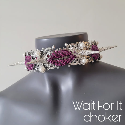 WhatEver collection: The Wait For It metal choker with three lips in a cool pinkish purple shade, filigree spikes, rhinestones, faux pearls, and glass crystals