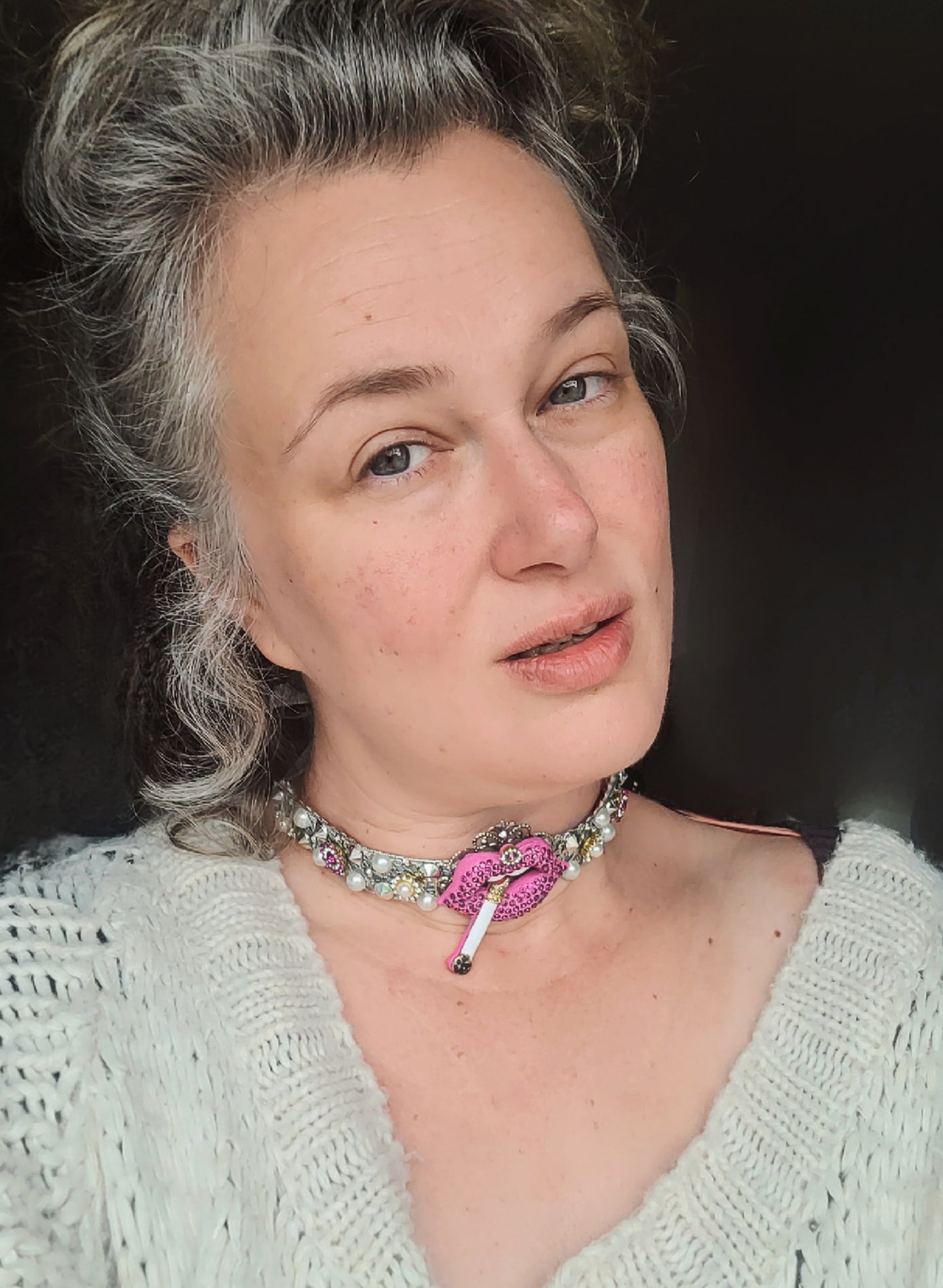 WhatEver collection: The Whatever 2.5 metal choker with cerise lips, a cigarette, silver studs and rhinestones, high quality glass crystals in cerise and clear crystal, and faux pearls