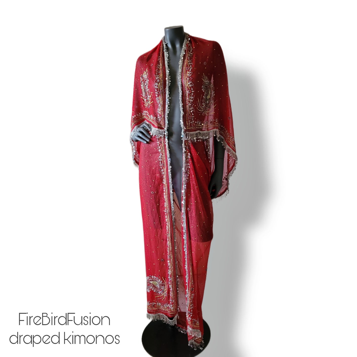 Draped kimono, dark red with elaborated embellishment and irredecent sequin and glass beaded fringe trim (L-XL)