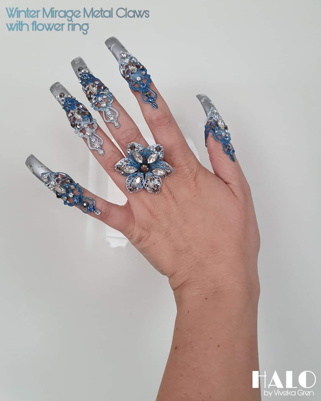 The Winter Mirage ornate metal claws with ring in silver & blue (set of 5 claws)