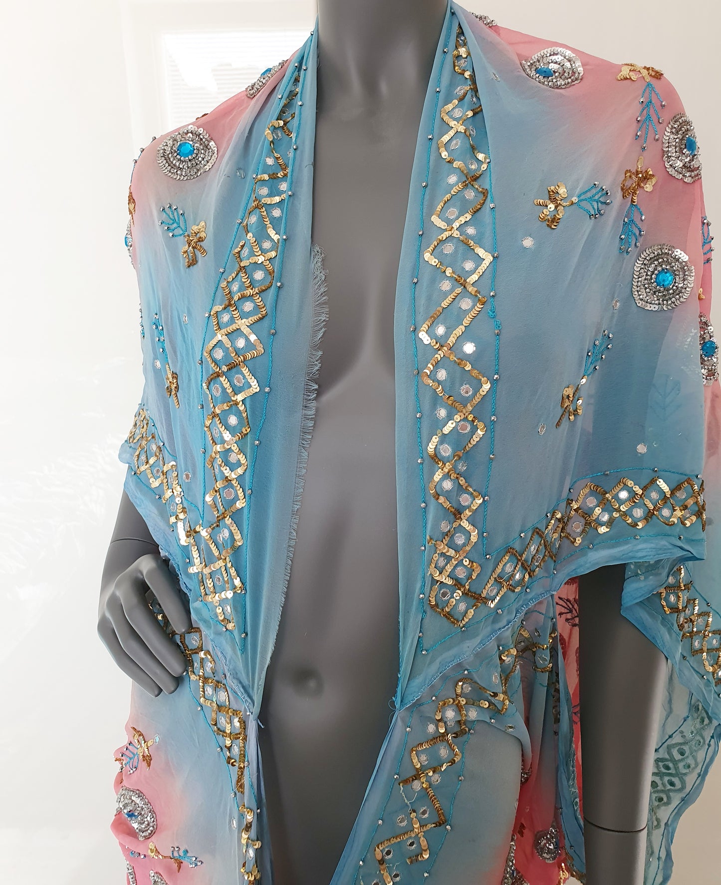 Draped kimono in light pink & blue, hand embroidered with silver and blue beads (M-L)